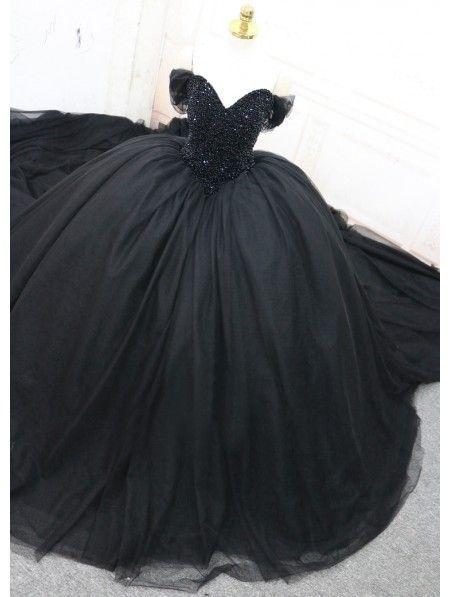 Black Gothic Beading Off-the-Shoulder Ball Gown Wedding prom Dress CD9226