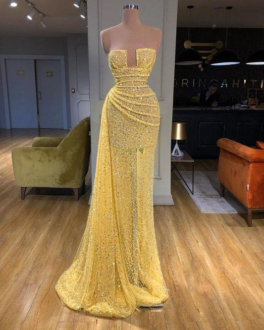 yellow evening dresses long high neck sparkly feather luxury bling evening gown formal dress Long Prom Dress CD9270