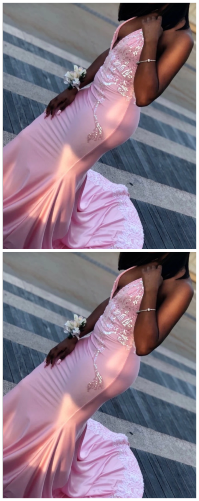 Unique Pink Halter Lace Sequin Satin Prom Dresses CD9294