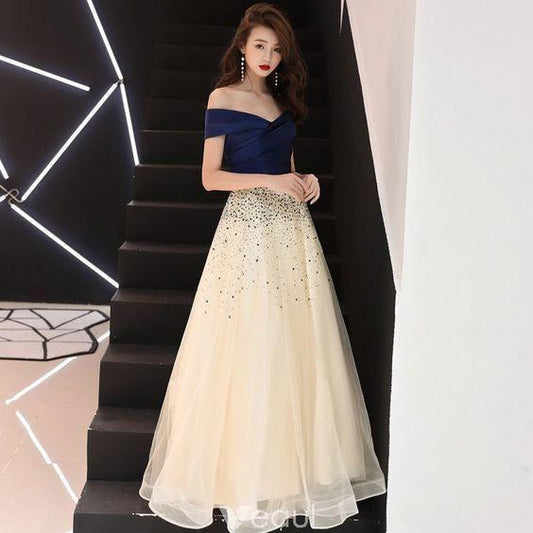 Elegant Champagne Prom Dresses A-Line / Princess Sequins Off-The-Shoulder CD9316