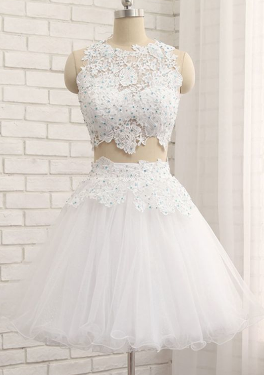 White Tulle Short Two Pieces Homecoming Dress, Lace Dress CD931