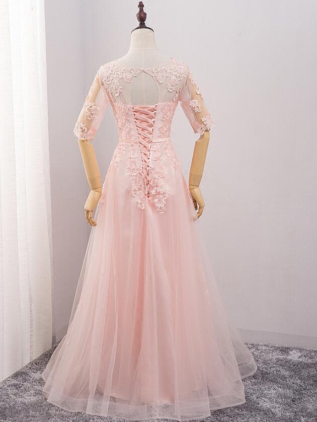 Pink Tulle Short Sleeves Long Bridesmaid Dress, Pink Evening prom Gown CD9323