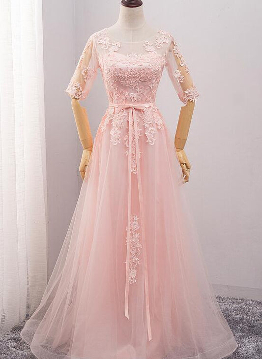 Pink Tulle Short Sleeves Long Bridesmaid Dress, Pink Evening prom Gown CD9323