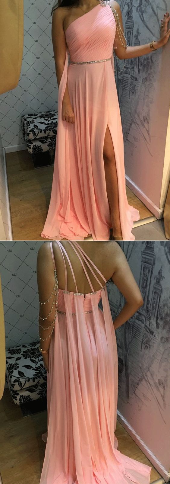 One Shoulder Chiffon Evening Dress, Sexy Pink Side Slit Prom Party Dress CD9341