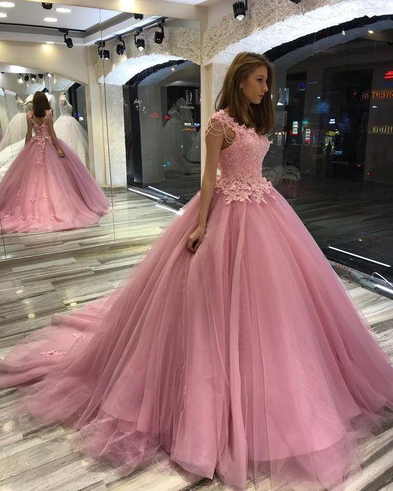 Pink Ball Gown Wedding Dress Lace Appliques Beaded Brdial Gowns prom dress CD9349
