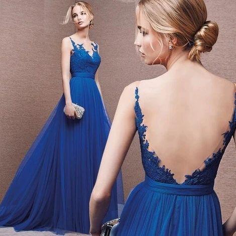 Blue Appliques Backless A-line Tulle Prom Dresses CD9395