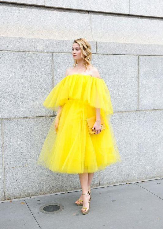 Yellow Prom Dress, Tulle Prom Gown, Short Prom Dress, Off the Shoulder Wedding Gown CD9453