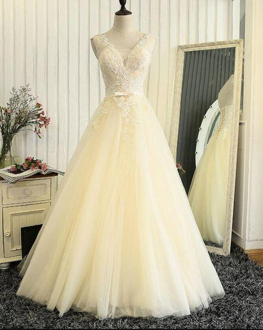Lace Wedding Dresses, Lovely Light Champagne Tulle Long Lace Prom Dress CD9479