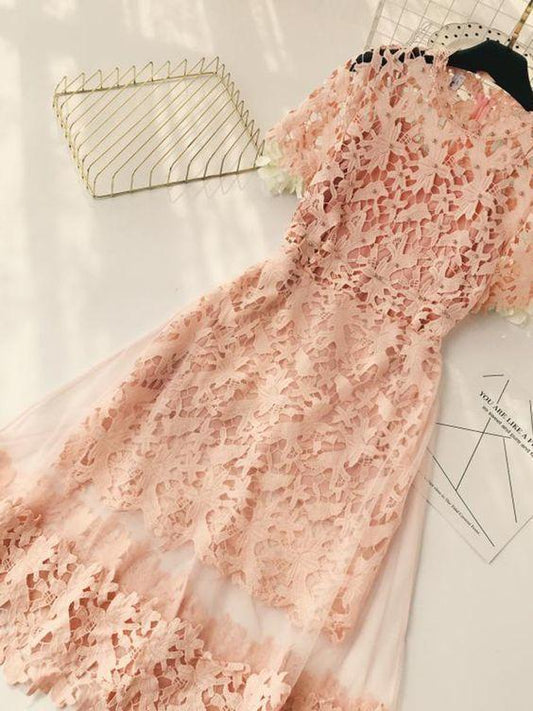 Pink Lace Short Prom Dress Short Sleeves CD9521