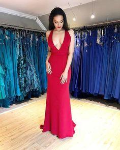 Mermaid Long Evening Party Dress, Sexy Deep V neck Red Prom Dress CD9594