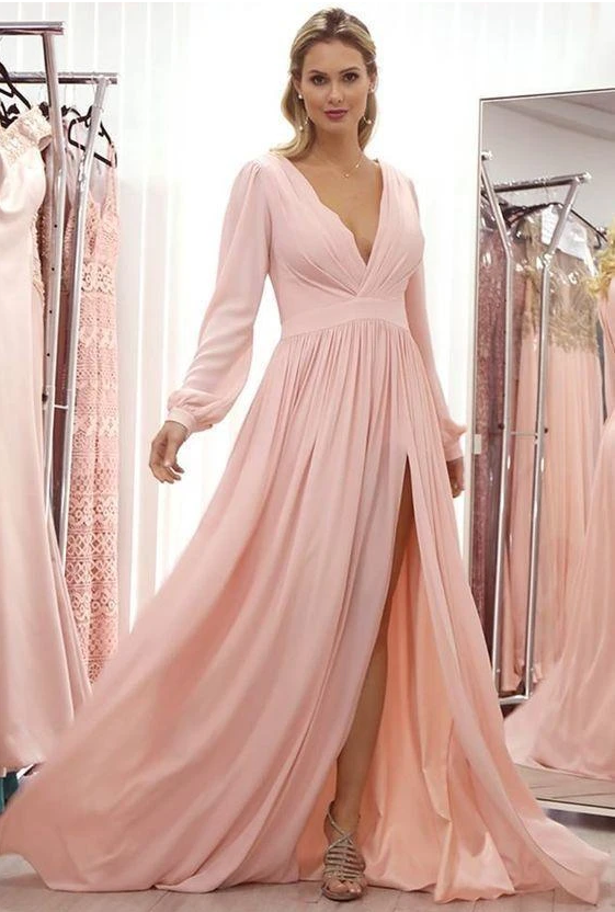 Long Sleeves Pink Chiffon Party prom Dress CD9660
