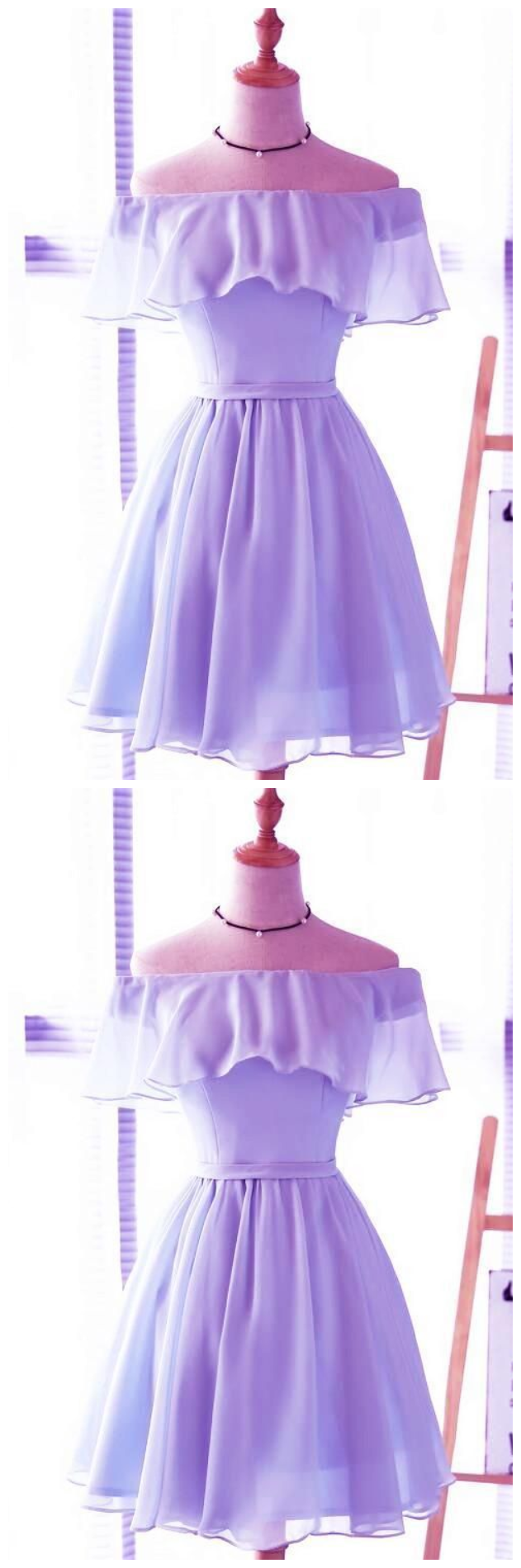 Lavender Chiffon Off Shoulder Short Bridesmaid Dresses, Cute Homecoming Dress, Lovely Party Dresses CD968