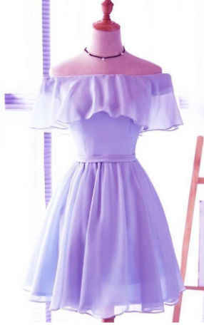 Lavender Chiffon Off Shoulder Short Bridesmaid Dresses, Cute Homecoming Dress, Lovely Party Dresses CD968