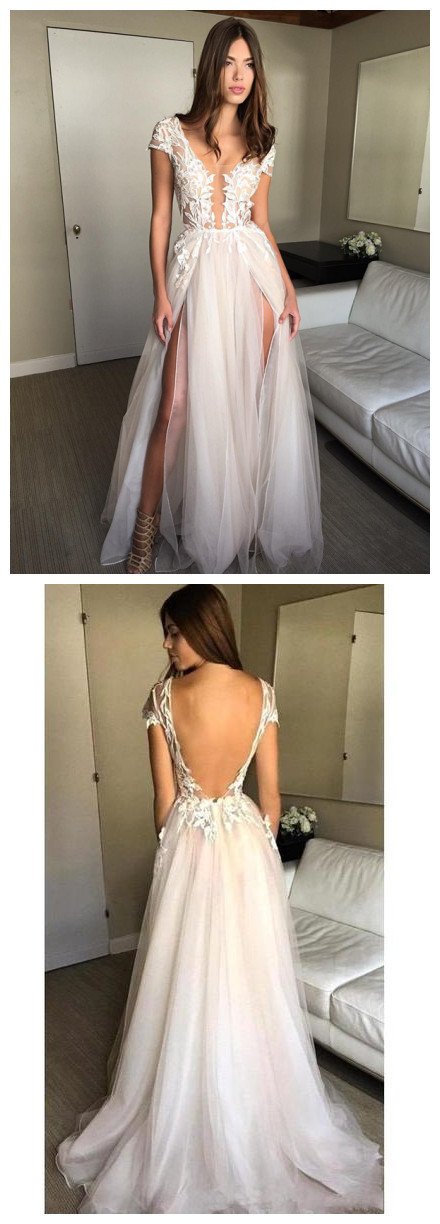 Cap Sleeve A-line Lace Tulle Long Backless Prom Dress Slit Evening Dress CD969