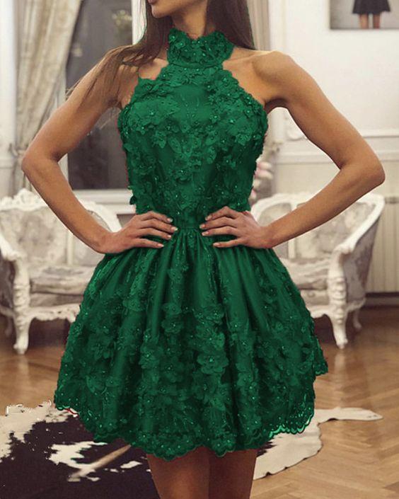 Short Green halter lace homecoming dresses CD9743