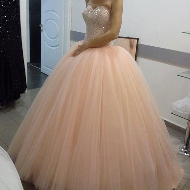 Sparkly Crystal Beaded Sweetheart Peach Tulle Wedding Dresses Ball Gowns prom dress CD9796