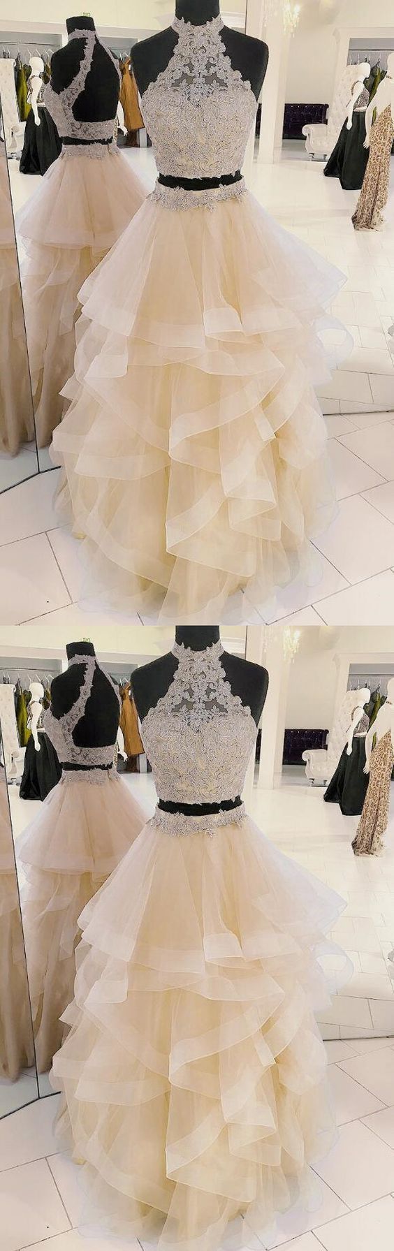 Halter Champagne Prom Dress, New Arrival Two-Piece Prom Dress, Cheap prom Dress, Beading Prom Dress, Tulle Long Prom/Evening Dress with Applique CD984