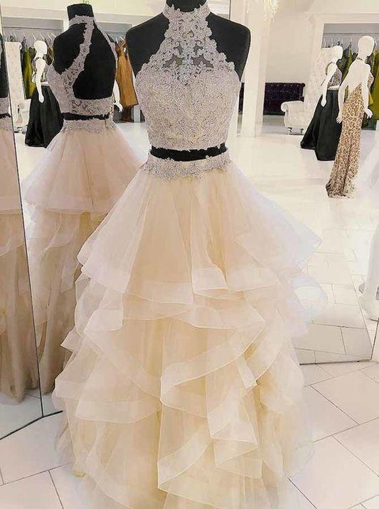 Halter Champagne Prom Dress, New Arrival Two-Piece Prom Dress, Cheap prom Dress, Beading Prom Dress, Tulle Long Prom/Evening Dress with Applique CD984