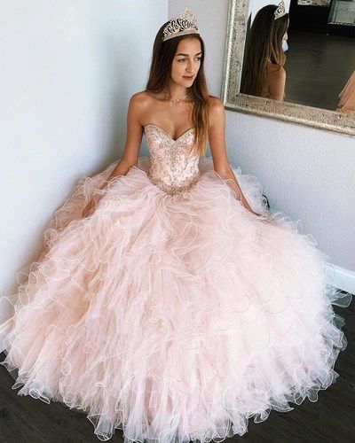 pink sleeveless strapless sweetheart prom dresses, beaded tulle ruffles sweet 16 dress CD9850