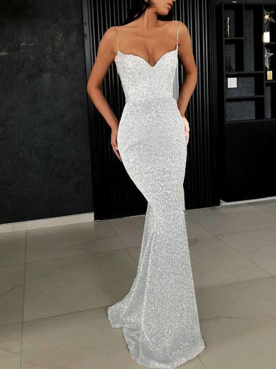 White Sequin Sparkly Glitter Spaghetti Strap Bodycon Mermaid V-neck Prom dresses CD9929