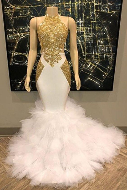 Gold and White Long Mermaid Prom Dress, Evening Gowns CD9942
