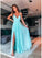 V neck Light Blue A Line Prom Dresses, Sexy Slit Long Evening Dress CD9986