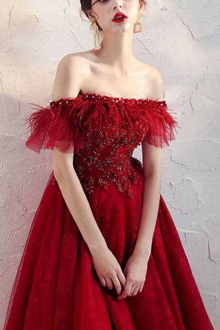 Burgundy Off the Shoulder Knee Length Homecoming Dress with Beading, A Line Dress N2188