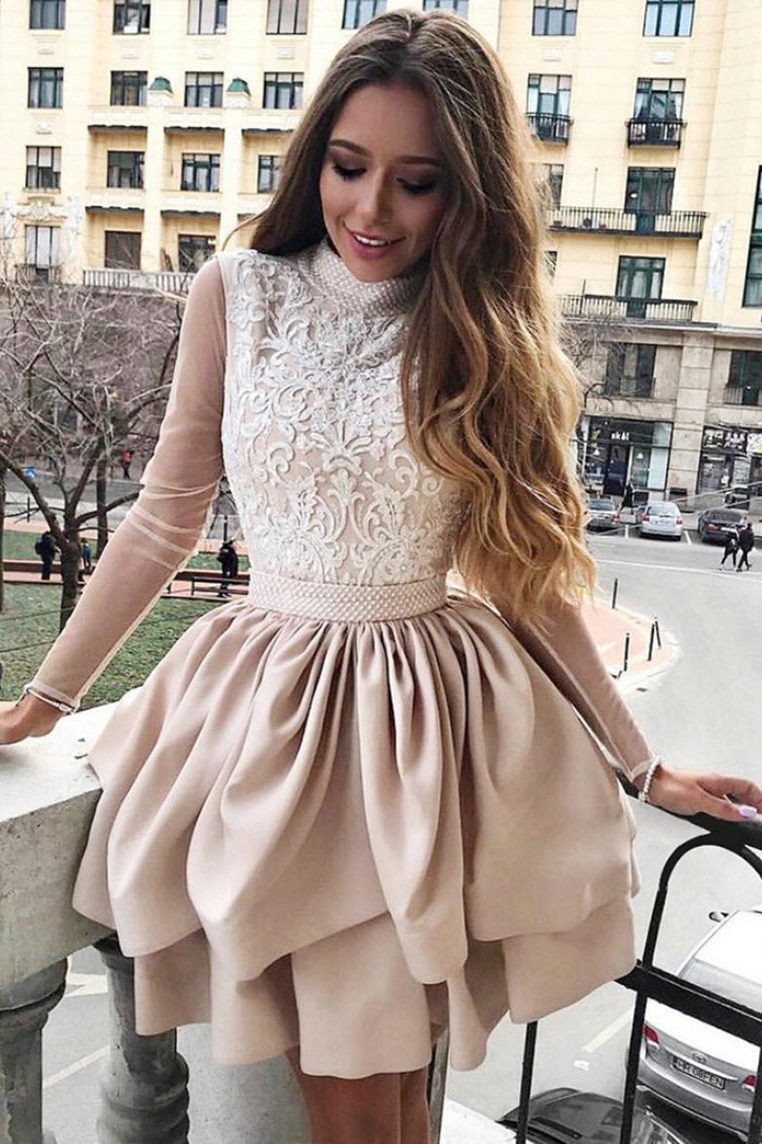 A Line High Neck Two Tiers Appliques Long Sleeves Short Homecoming Dress N1937