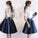 Dark Blue Knee Length Satin Homecoming Dress with Short Sleeves, Short Prom Dress with Lace N2223