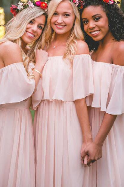 Off-the-shoulder Pastel Pink Ruffles Long Chiffon Bridesmaid Gowns,Floor-length Prom Dresses,N139