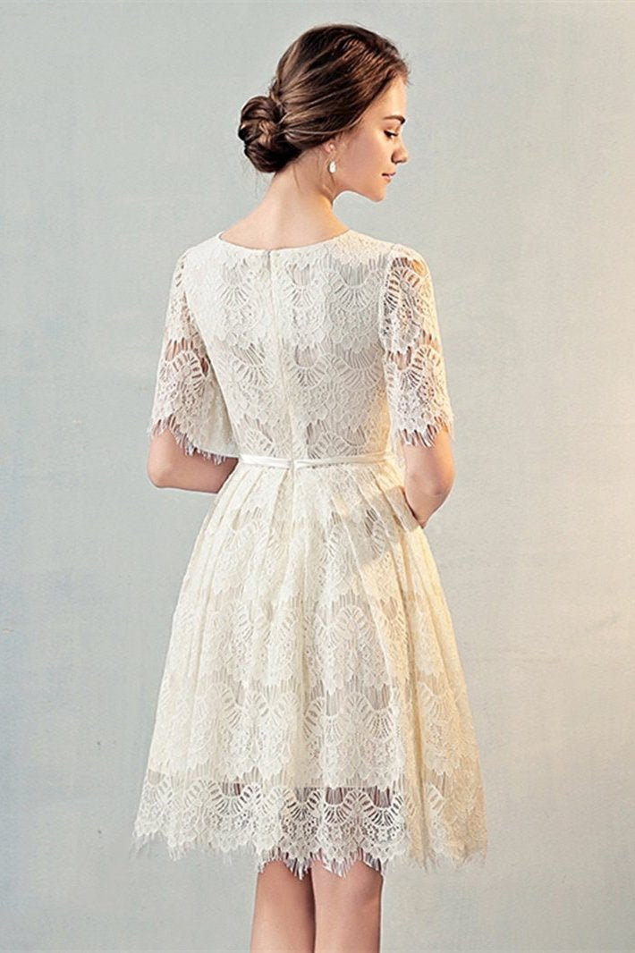 A Line Half Sleeves Lace Homecoming Dress, Cute Lace Sweet 16 Dress with Belt N1948