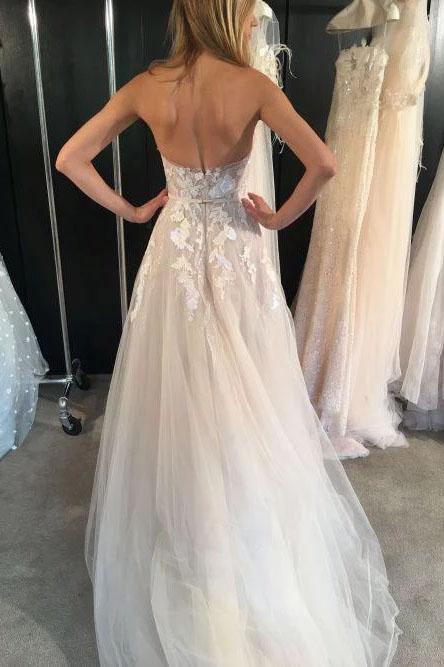 Ivory Strapless Tulle Long Beach Wedding Dresses, Sexy Lace Appliqued Bridal Dress N2402
