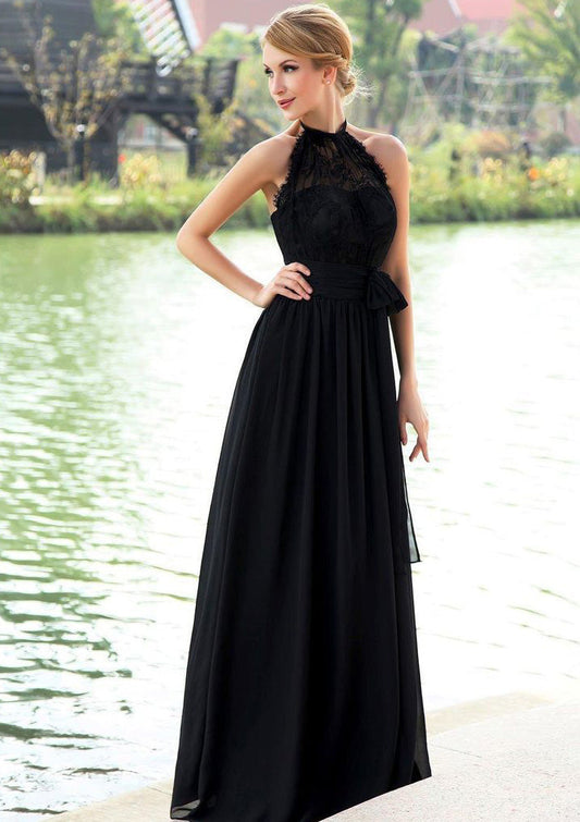 2024 Elegant A Line Black Chiffon High Neck Lace Long Bridesmaid Dresses / Gowns