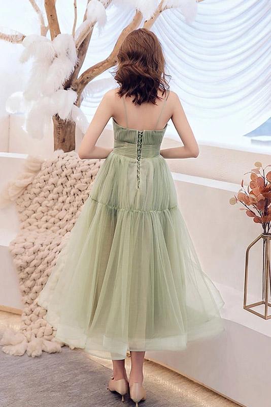 Simple Green Tulle Spaghetti Strap Sleeveless Pleated Prom Dresses, A Line Party Dress N2093