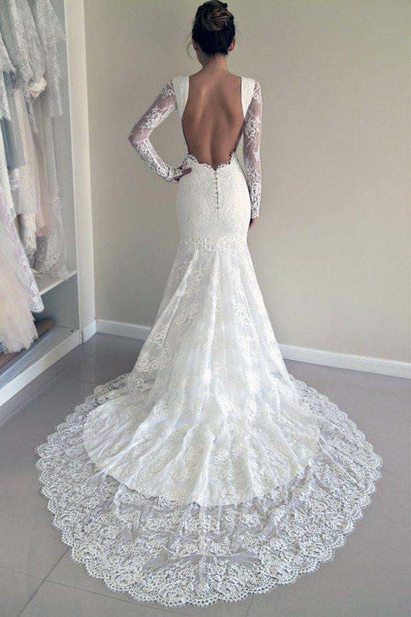 Long Sleeves Open Back Lace Wedding Dress with Train,Mermaid Beach Wedding Dresses,N180