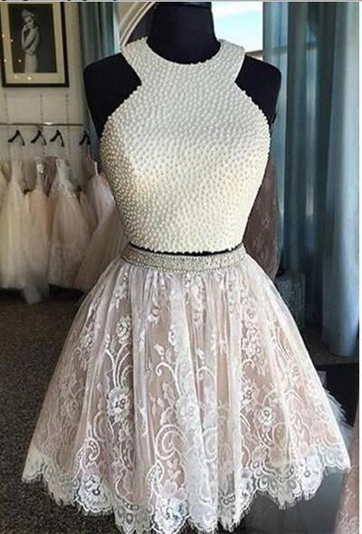 Two Piece Short White Lace Homecoming Dress with Pearls,Mini Dresses,Short Prom Dress,ED91