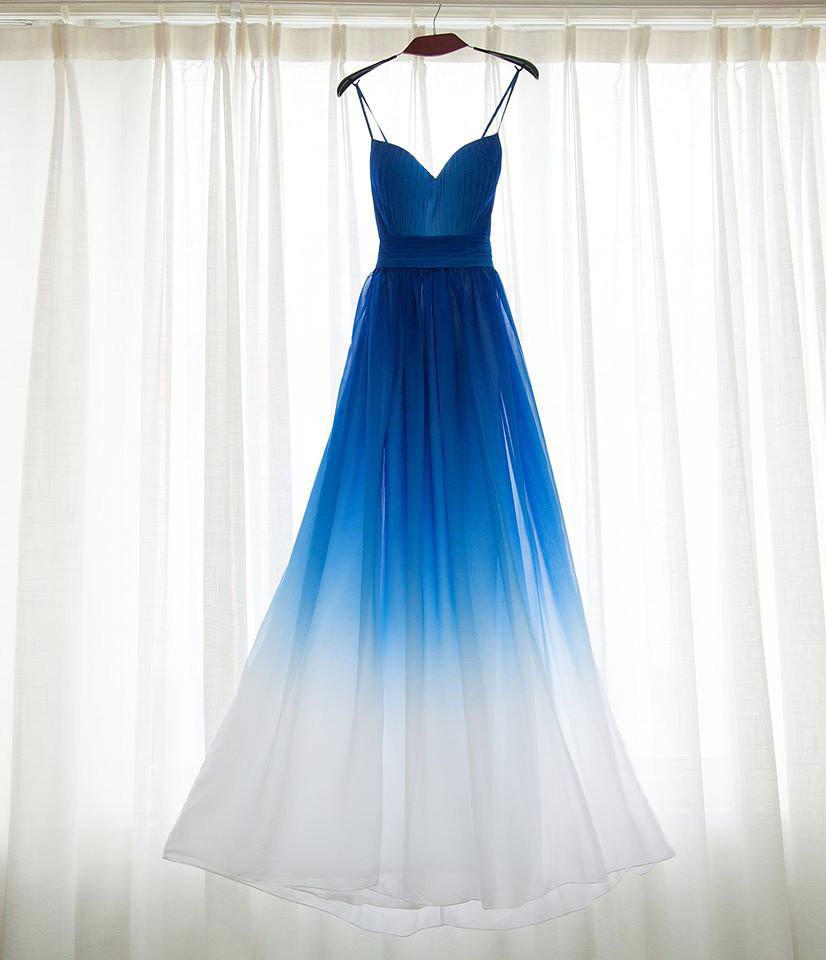 Spaghetti Strap Royal Blue Ombre Bridesmaid Dresses,Chiffon Prom Dress,A-line Bridesmaid Gown,N145