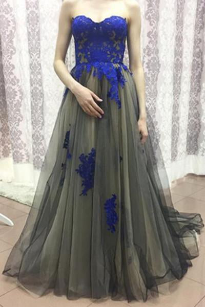 Sweetheart Tulle Prom Dress,Royal Blue Appliqued Prom Dresses,Sexy Long Prom Dresses,Strapless Prom Gowns,Long Formal Dresses