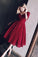 Burgundy Lace V-neck Homecoming Dress,Half Sleeve V Neck Short Prom Dresses,N195