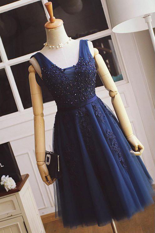 A-line Bridesmaid Dresses,Tulle with Lace Appliqued Navy Blue Short Prom Dresses,Mini Dress,N130
