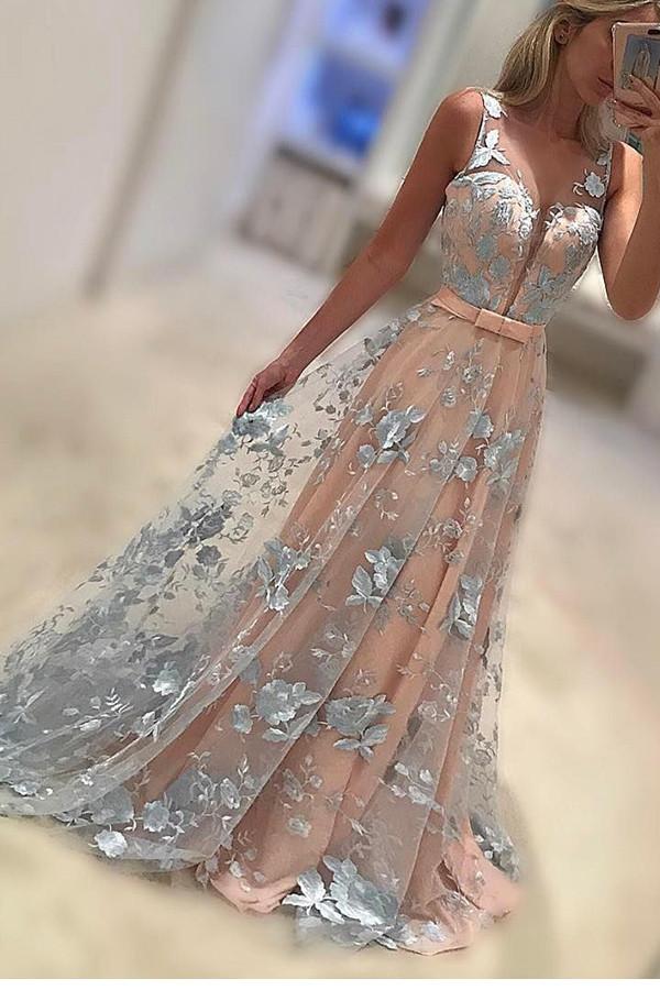 A-Line Bateau Prom Dress,Sleeveless Prom Gown,2017 Formal Dresses,Sweep Train Coral Evening Dress with Bowknot, Lace Appliques Prom Dresses,N100
