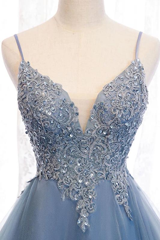 Blue High Low Spaghetti Straps Tulle Homecoming Dresses with Appliques, Party Dress N2143