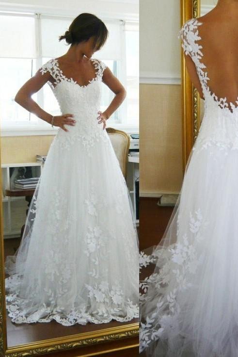 A-Line Lace White Straps Wedding Dresses,See-through Sleeveless Wedding Gowns,N125