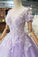 Lilac Ball Gown Short Sleeves Prom Dresses with Sheer Neck, Gorgeous Quinceanera Dress N1735