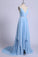 Sky Blue V Neck Prom Dresses, Sexy Backless Spaghetti Straps Pleated Long Formal Dress N2005
