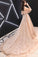 Charming Straps Flowy Tulle Lace Prom Dress with Train, A Line Evening Dress with Ruffles N2104