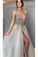 Gray Deep V-neck Side Slit Prom Dresses,Tulle Sleeveless Formal Dress With Sequins and Beads,N05