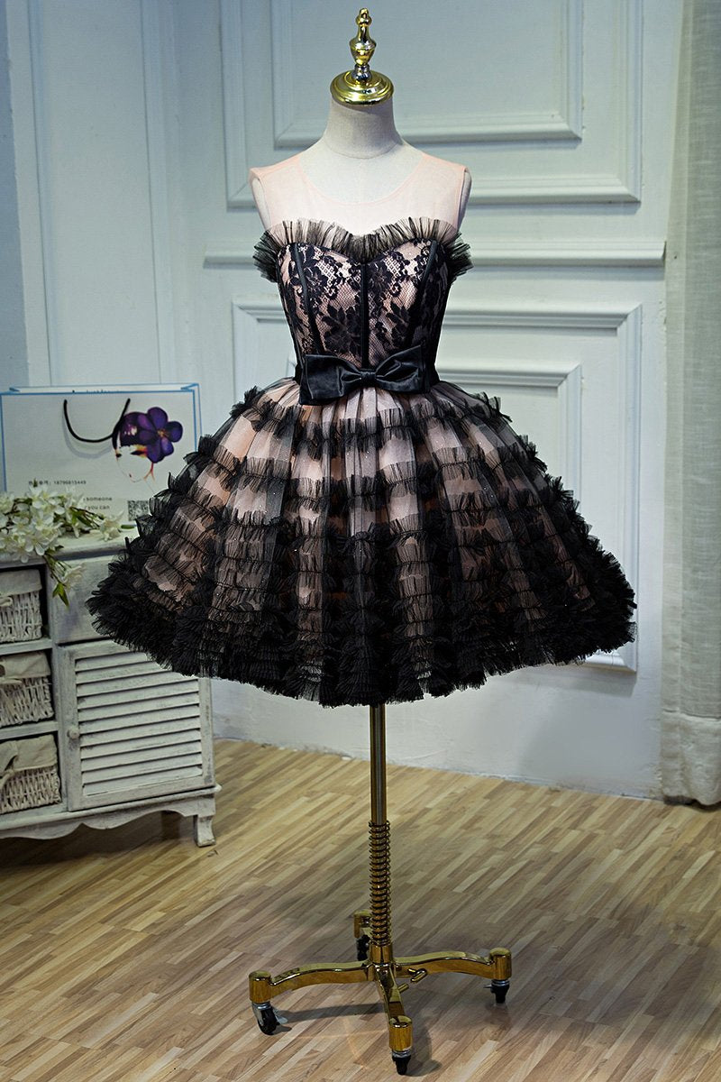 A Line Sheer Neck Tulle Homecoming Dress with Bowknot, See Through Short Formal Dress N1979