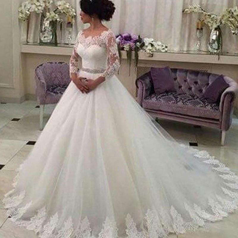Long Sleeves Ball Gowns,Lace Vestido de Noiva,CustomizedTulle Wedding Dress With Beaded Sash,N148