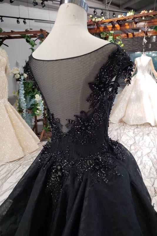 Puffy Cap Sleeves Black Long Prom Dress with Appliques, Charming Beading Formal Dress N2053
